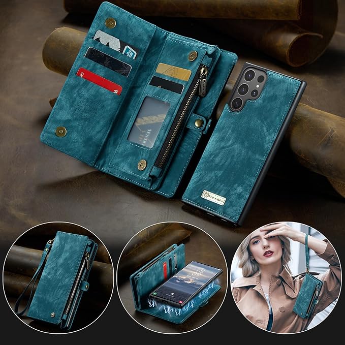 SZHAIYU 2 in 1 Detachable for Samsung Galaxy S25 Ultra Wallet Case with Card Holder, Retro Premium Flip Leather Cover Magnetic Zipper Pocket Phone Cases 6.8'' (Blue, S25 Ultra)