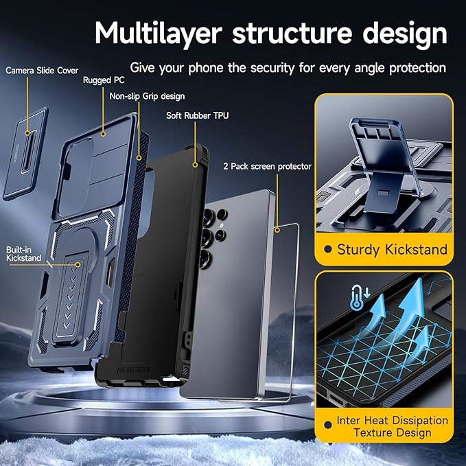 for Samsung Galaxy S25 Ultra Case with 2*Screen Protector, Slide Camera Cover, Kickstand, Lanyard Strap, Military Grade Shockproof Protective Heavy Duty Non-Slip for S25 Ultra Case-6.9'', Blue