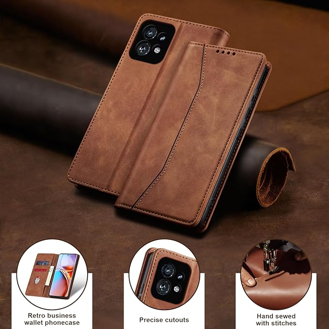 Jasonyu Flip Wallet Case for Motorola Edge+ (2023)/Moto Edge Plus (2023),Leather Magnetic Folio Cover with Card Holder,Kickstand - TPU Shockproof Durable Protective Phone Case,Brown