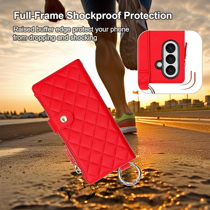 KIHUWEY for Galaxy Z Fold 7 Wallet Case with Card Holder Premium Leather Magnetic RFID Blocking Shockproof Zipper Wrist Strap Lanyard Cover for Samsung Galaxy Z Fold 7 8.0 Inch (Red)