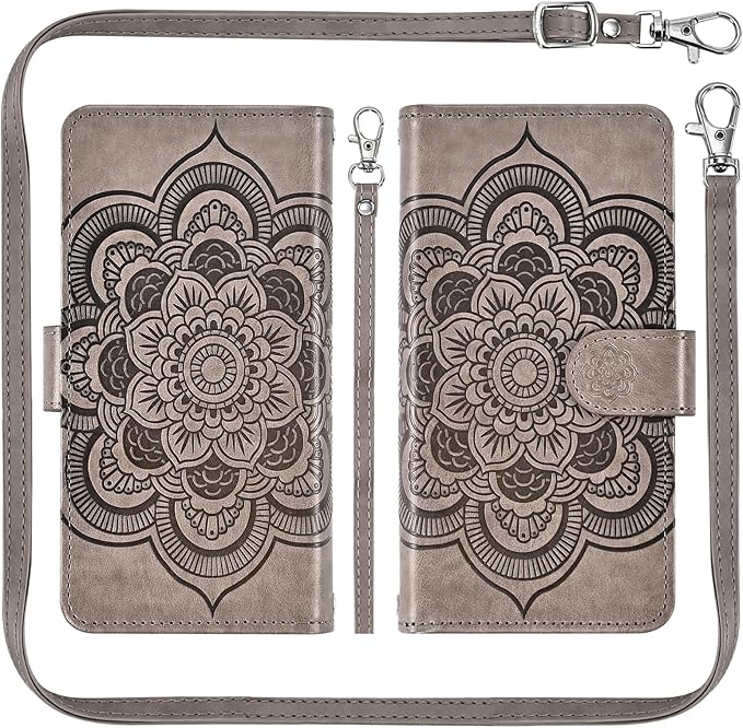 Asuwish Phone Case for iPhone 14 6.1 inch Zipper Wallet Detachable Cell Cover with Tempered Glass Screen Protector Crossbody Strap Flower Card Holder iPhone14 5G i i-Phone i14 14Case Women Girls Gray