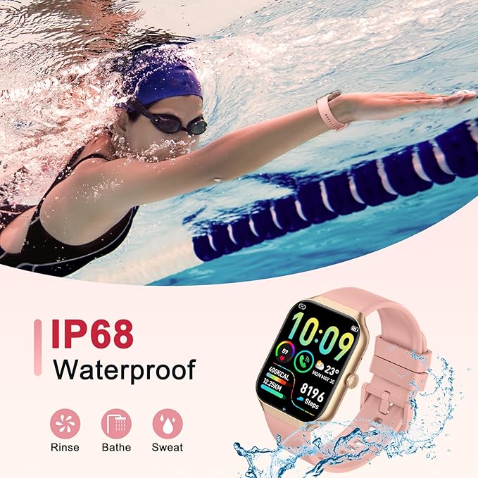Smart Watch for Women Answer/Make Calls, 1.96" Fitness Watch with Heart Rate Monitor Sleep Monitor, 113 Sports Activity Tracker with IP68 Waterproof, Step Counter, Smartwatch for Android/iOS, Rosegold