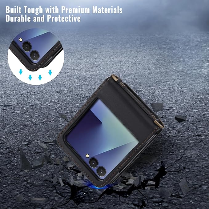 ASAPDOS for Samsung Galaxy Z Flip 7 PU Leather Wallet Phone Case with Card Slots (Holds 5 Cards), Anti-Drop Protection, Wrist & Shoulder Strap Black