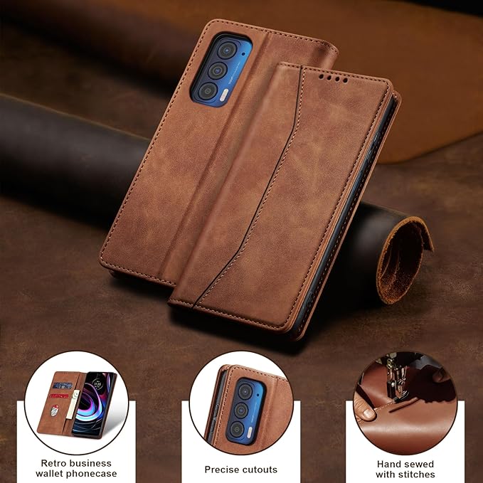 Jasonyu Flip Wallet Case for Motorola Edge 5G UW/Moto Edge (2021),Leather Magnetic Folio Cover with Card Holder,Kickstand - TPU Shockproof Durable Protective Phone Case,Brown