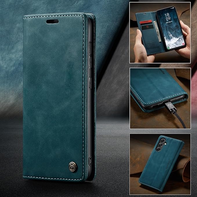 for Samsung Galaxy S23 FE Case, Flip Wallet Leather Case with Card Holder Magnetic Closure Shockproof Kickstand Protective Phone Cases Cover for Samsung S23 FE,Blue-Green