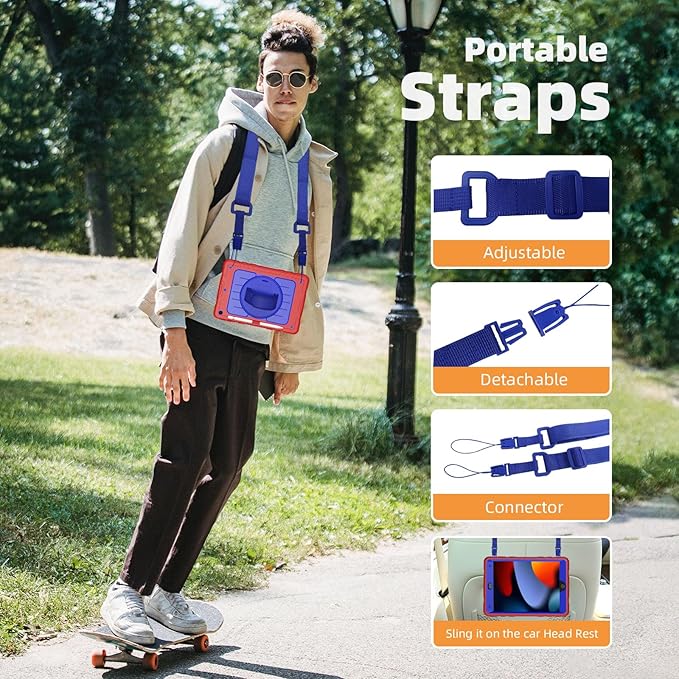 Case for iPad 9th/8th/7th Generation-Built-in Screen Protector,with Pencil Holder & 360°Rotating Hand Strap,Shoulder Strap,Case for iPad 10.2 inch 2021-2019(Red/Blue)