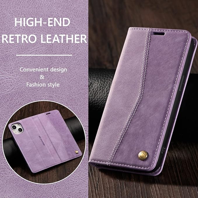 QLTYPRI Case for iPhone 14, Vintage PU Leather Wallet Case Card Slot Kickstand Magnetic Closure Shockproof Flip Folio Book Case Cover for iPhone 14(6.1 inch) - Retro Purple