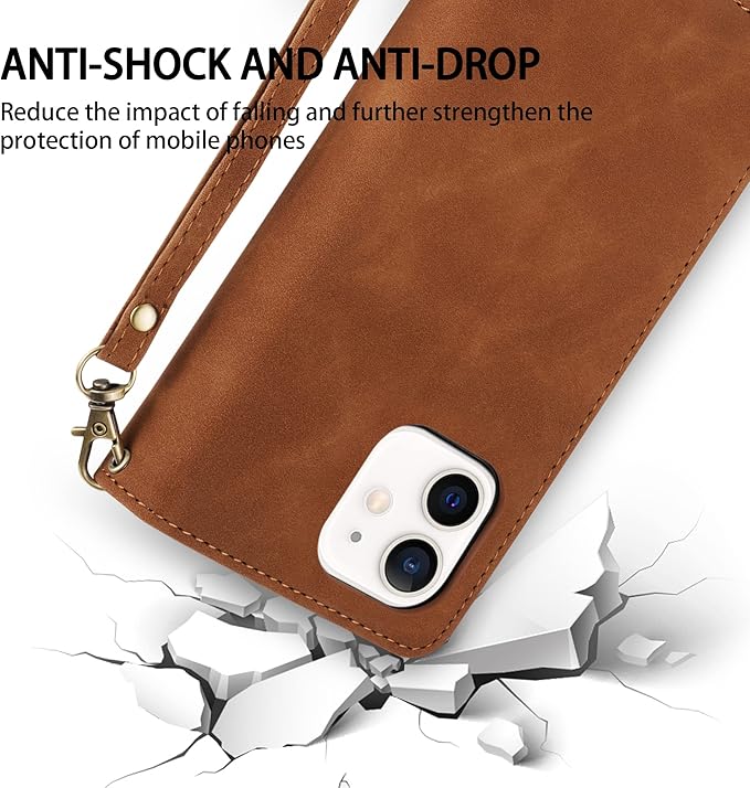 ZZXX for iPhone 12 Mini Wallet Case with Card Slot Premium Soft PU Leather Zipper Flip Folio Wallet with Wrist Strap Kickstand Protective for iPhone 12 Mini Case Wallet(Brown 5.4 inch)