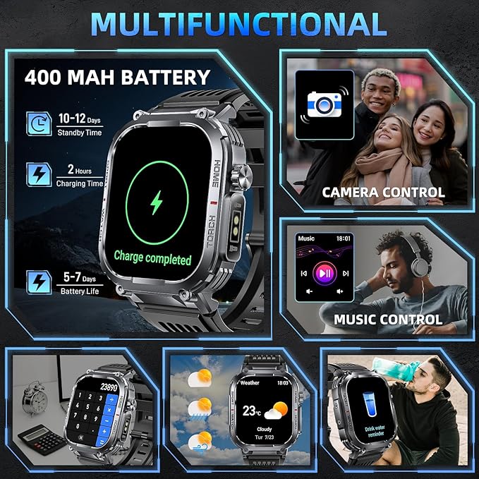 Military Smart Watches for Men with LED Flashlight Compass (Answer/Make Call) 2.02" Screen Waterproof Smartwatch with Sport Modes Health Monitor 400mAh Rugged Smartwatch for iPhone Android (2 Straps)