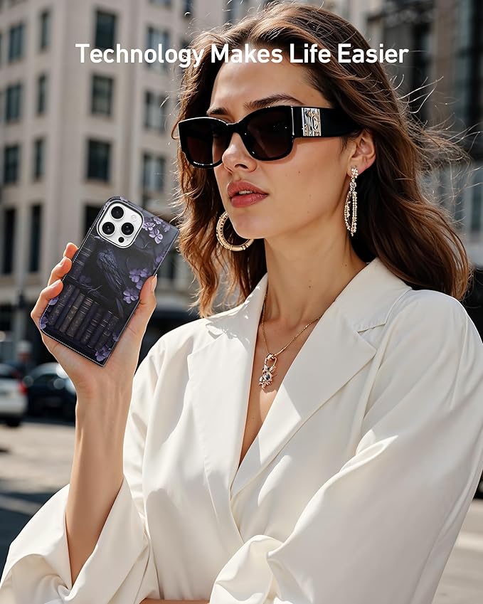 DEENAKIN for iPhone 15 Pro Max Wallet Case with Card Holder + Cash Clip, RFID-Blocking, Military-Grade Drop Protection, Magnetic Closure with Leather Kickstand - Purple Floral & Raven