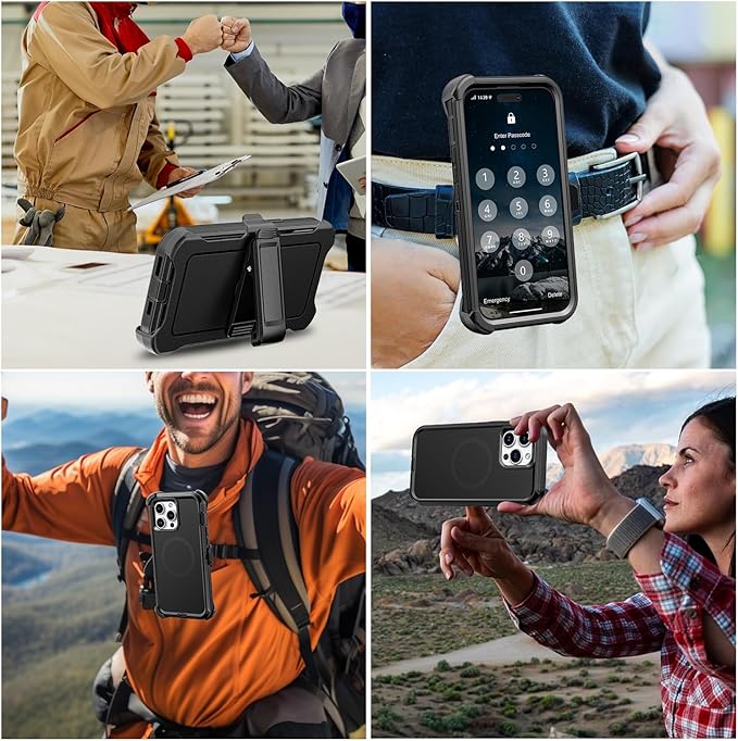 for iPhone 14 Pro Max Case with Belt Clip Holster, Anti-Shock, Anti-Slip, Compatible with MagSafe, 3-Layer Drop Protection, Heavy Duty Magnetic Phone Case Cover for 14 Pro Max, 6.7", Black