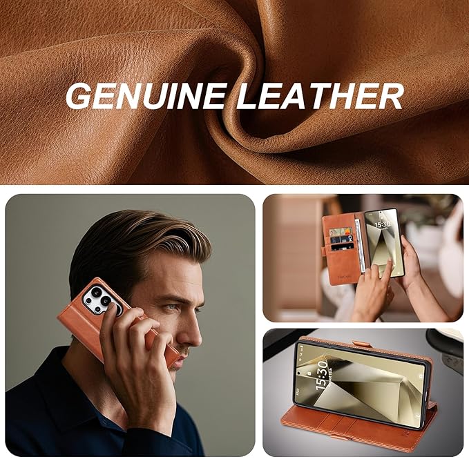 Case for Galaxy S25 Ultra 6.9"-Genuine Leather Folio Wallet Case with Kickstand RFID Blocking Card Holder Magnetic Protective Phone Cover Compatible with Galaxy S25 Ultra 2025 (Brown)