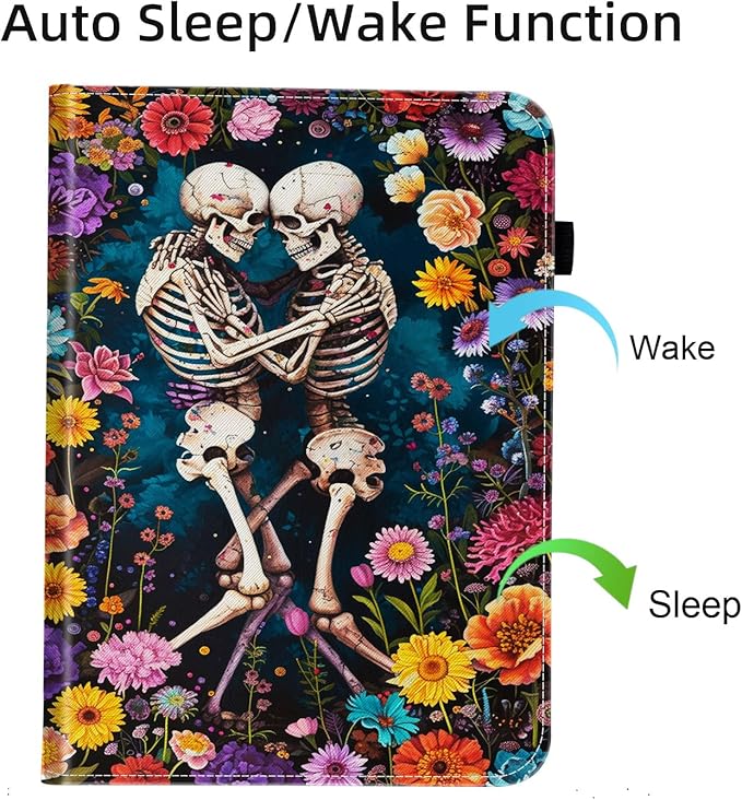 Case for Samsung Galaxy Tab S9 FE 5G 10.9 Inch/Galaxy Tab S9 11 Inch 2023,Card Slot PU Leather TPU Case Pen Holder Auto Wake Sleep,Flower Skull