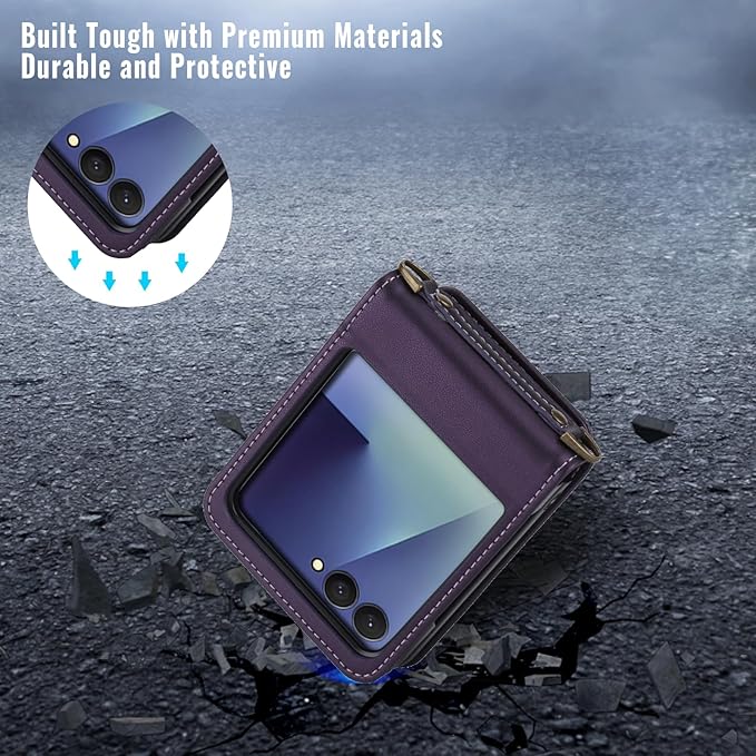 ASAPDOS for Samsung Galaxy Z Flip 7 PU Leather Wallet Phone Case with Card Slots (Holds 5 Cards), Anti-Drop Protection, Wrist & Shoulder Strap Purple