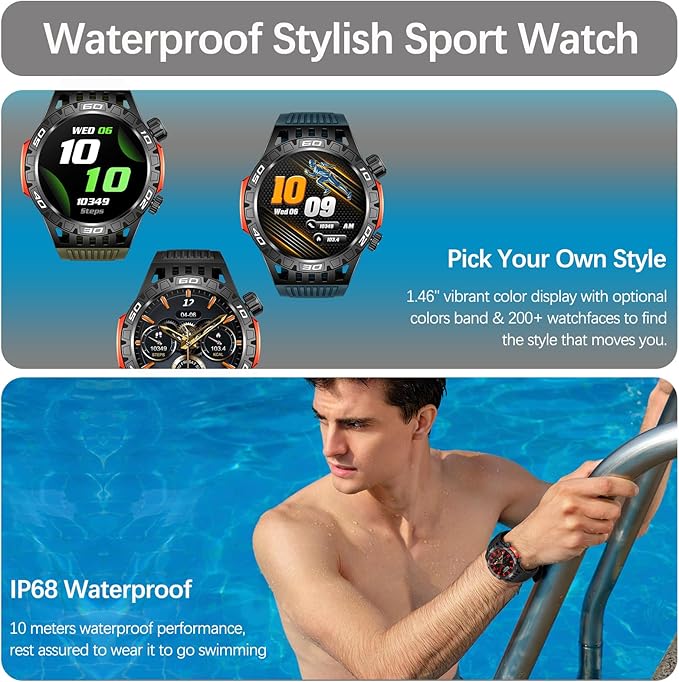 Military Smart Watch for Men 1.46" Outdoor Tactical Sports Smartwatch with Answer/Make Call,Fitness Watch,Blood Oxygen,Heart Rate and Sleep Monitor Compatible with iPhone and Android Phones, Black