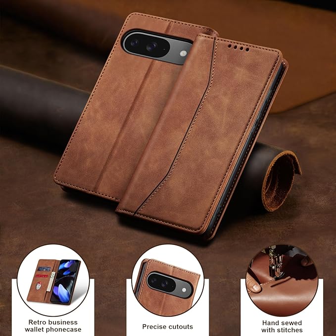 Jasonyu Flip Wallet Case for Google Pixel 9/9 Pro,Leather Magnetic Folio Cover with Card Holder,Kickstand - TPU Shockproof Durable Protective Phone Case,Brown