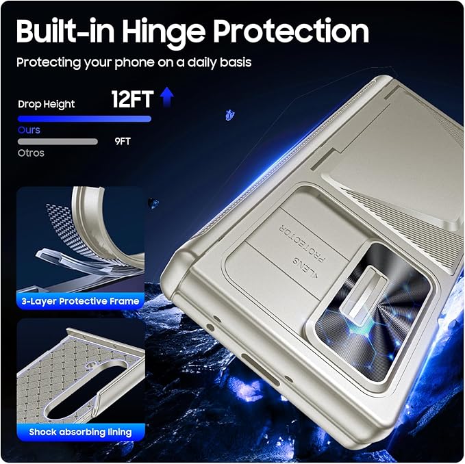 for Samsung Galaxy Z Fold 6 Case with Card Holder RFID Blocking & Slide Camera Cover& Hinge Protection& Full-Body Rugged Shockproof Wallet Case for Galaxy Z fold 6, Titanium Gold