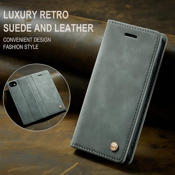 QLTYPRI Case for iPhone 16e, Vintage PU Leather Wallet Case Card Slot Kickstand Magnetic Closure Shockproof Flip Folio Cover for iPhone 16e - Grey