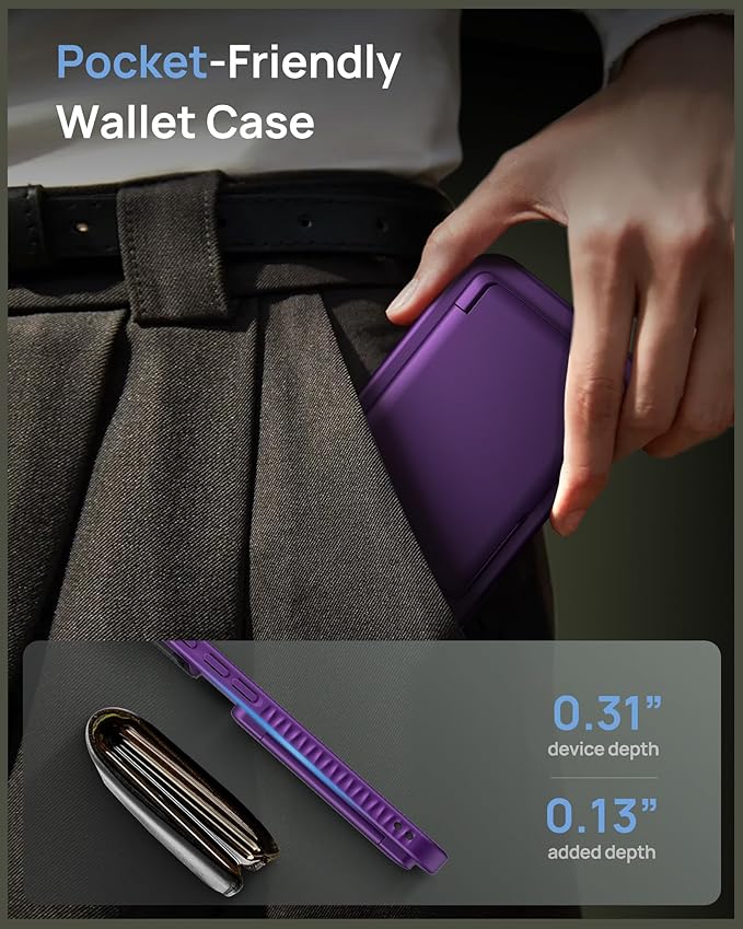 for iPhone 16 Plus Case Wallet, Built-in Credit Card Holder & Stand & Camera Cover, Military Grade Drop Tested Soft Silicone Edge Rugged Protective Phone Case for iPhone 16 Plus 2024, Purple