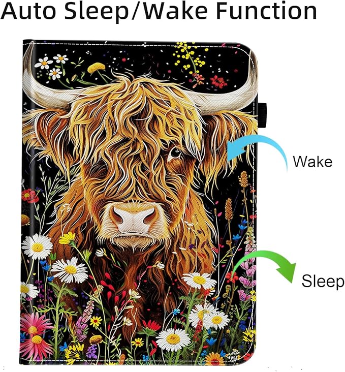Case for Samsung Galaxy Tab A9 Plus/A9+ 5G 11 Inch 2023 Model (SM-X210/X216/X218),Card Slot PU Leather TPU Case Pen Holder Auto Wake Sleep,Highland Cow Flowers