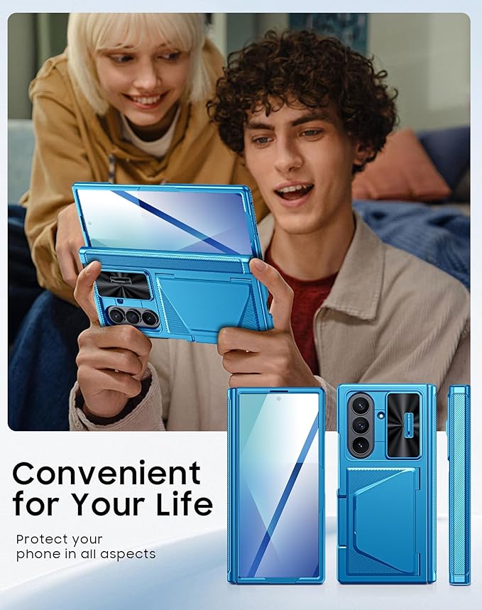 for Samsung Galaxy Z Fold 7 Case with Card Holder RFID Blocking, Built in Slide Lens Cover & Hinge Protection & Screen Protector, Shockproof Wallet Case for Z Fold 7 (Lake Blue)