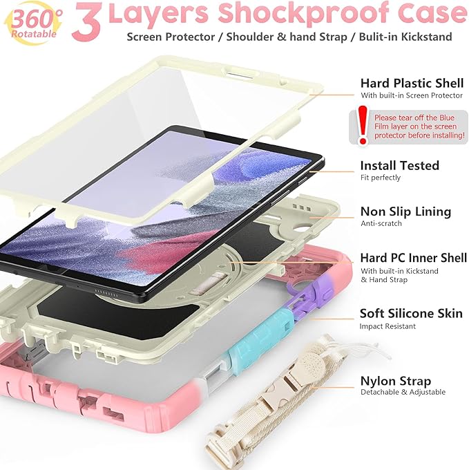 Timecity Case for Samsung Galaxy Tab A7 Lite with Screen Protector for Girls Kids, Shockproof Protective Case for Galaxy A7 Lite 8.7" 2021 (SM-T220/T225), w/Kickstand Hand Shoulder Strap, Pink Camo