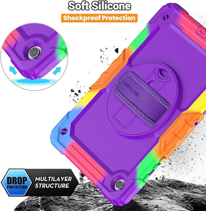 SEYMAC Case for Samsung Galaxy Tab A9+/ A9 Plus 11" (SM-X210/X216/X218), Heavy Duty Shockproof Protective Case with Screen Protector, Rotating Stand, Hand/Shoulder Strap, Purple