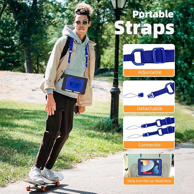 Case for iPad 9th/8th/7th Generation-Built-in Screen Protector,with Pencil Holder&360°Rotating Hand Strap,Shoulder Strap,Case for iPad 10.2 inch 2021-2019(Black/Blue)