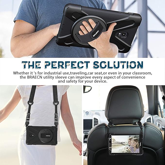 BRAECNstock for Samsung Galaxy Tab A 8.0 2017 Case, Shockproof Protective Tab A 8.0" SM-T380/T385 Case with Rotating Hand Strap & Stand, Shoulder Strap, Pencil Holder, Black