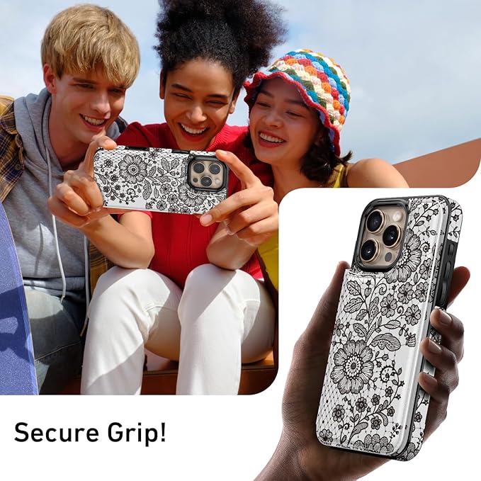 FUNMIKO for iPhone 16 Pro Max Wallet Case with Card Holder, RFID-Blocking, Military-Grade Protection & UV-Printed Artwork, Magnetic Closure with Leather Kickstand - Graceful Lace Floral