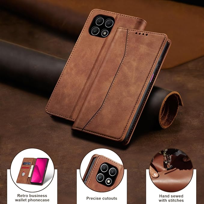 Jasonyu Flip Wallet Case for T-Mobile Revvl 7,Leather Magnetic Folio Cover with Card Holder,Kickstand - TPU Shockproof Durable Protective Phone Case,Brown
