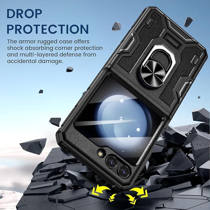 VEGO for Galaxy Z Flip 5 Case with Stand, 360°Ring Magnetic Ring Kickstand & Belt Clip Holster & Camera Screen Protector & Hinge Protection, Shockproof Cover - Black