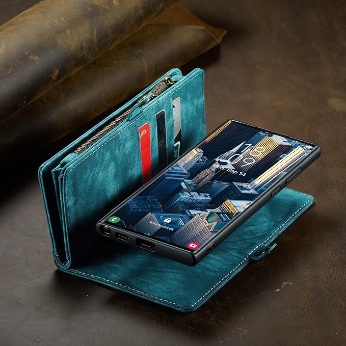 SZHAIYU 2 in 1 Detachable for Samsung Galaxy S23 Ultra Wallet Case with Card Holder, Retro Premium Flip Leather Cover Magnetic Zipper Pocket Phone Cases 6.8'' (Blue,S23 Ultra)