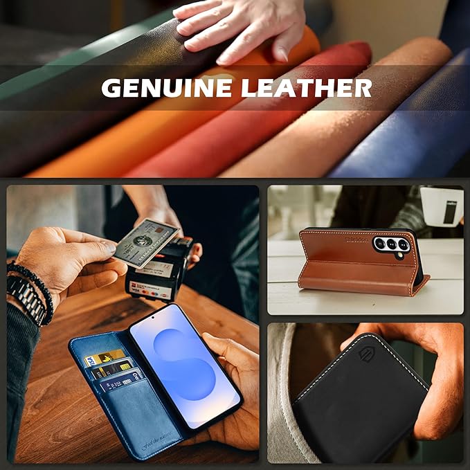 SHIELDON Wallet Case for Galaxy S25 FE 5G, Genuine Leather Case with RFID Blocking Credit Card Holder Kickstand Magnetic Folio Protective Cover Compatible with Galaxy S25 FE 6.7" 2025 - Retro Coffee