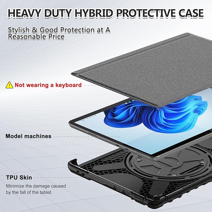 BRAECNstock for Microsoft Surface Pro 11/10/ 9 Case 13", Rugged Protective Case with Rotating Stand & Hand Strap, Pencil Holder, Compatible with Type Cover Keyboard, Black