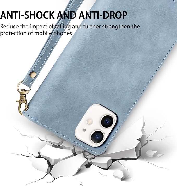 ZZXX for iPhone 12 Case Wallet with Card Slot Premium Soft PU Leather Zipper Folio with Wrist Strap Kickstand Protective for iPhone 12 Pro (Light Blue, 6.1 inch)