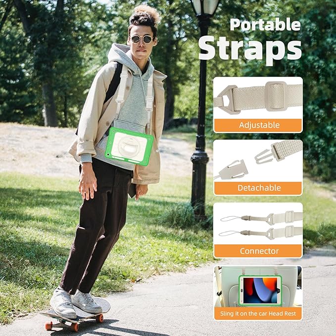 Case for iPad 9th/8th/7th Generation-Built-in Screen Protector,with Pencil Holder&360°Rotating Hand Strap,Shoulder Strap,Case for iPad 10.2 inch 2021-2019(Green/Beige)