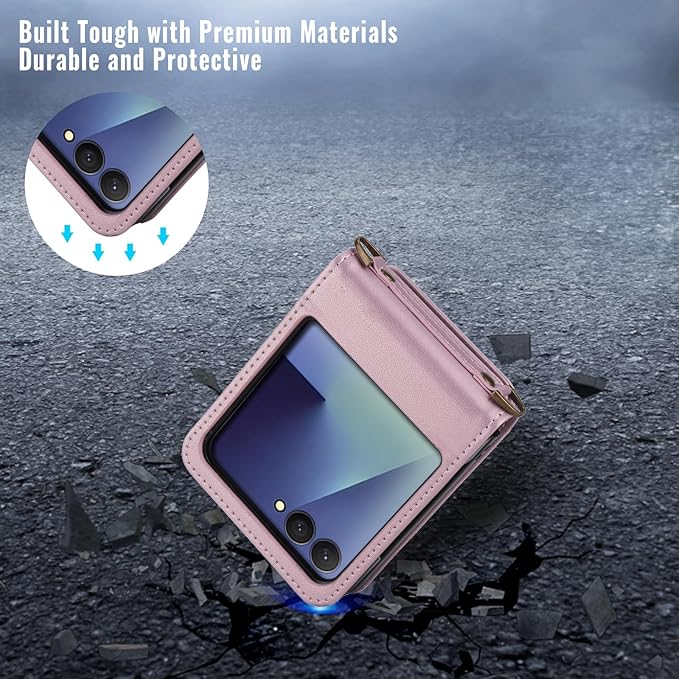 ASAPDOS for Samsung Galaxy Z Flip 7 PU Leather Wallet Phone Case with Card Slots (Holds 5 Cards), Anti-Drop Protection, Wrist & Shoulder Strap Gold