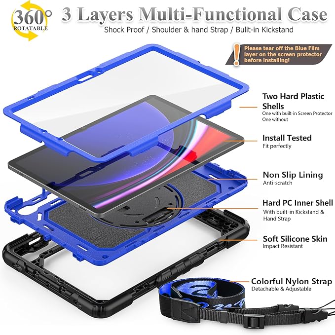 SEYMAC stock Case for Samsung Galaxy Tab S10 Lite / S10 FE / S9 FE 5G / S9 Tablet Case 10.9''/ 11'' Protective with Screen Protector, Pen Holder, 360 Rotate Stand, Hand Strap, Shoulder Strap, Blue1