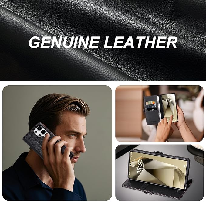 Case for Galaxy S25 Ultra 6.9"-Genuine Leather Folio Wallet Case with Kickstand RFID Blocking Card Holder Magnetic Protective Phone Cover Compatible with Galaxy S25 Ultra 2025 (Black)