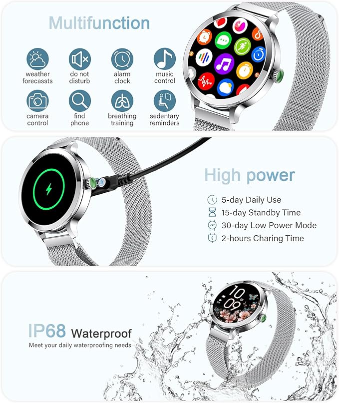 Smart Watches for Women, 1.106" AMOLED Small Screen Smartwatch Answer/Make Call for Android iOS Phones, IP68 Waterproof Fitness Activity Tracker with Heart Rate Sleep Monitor SpO2, Silver