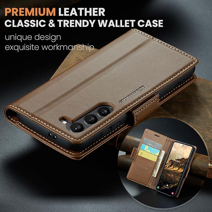 AUPAI for Samsung Galaxy S23 Wallet Case with Credit Card Holder, PU Leather RFID Blocking Folio Flip Kickstand Magnetic Clasp Protective Phone Cover for Women Men Brown