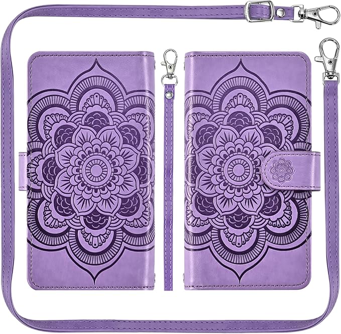 Asuwish Phone Case for iPhone 14 6.1 inch Zipper Wallet Detachable Cell Cover with Tempered Glass Screen Protector Crossbody Strap Flower Card Holder Slot iPhone14 5G i i-Phone i14 14Case Women Purple