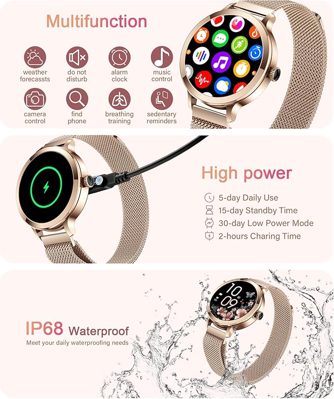 Smart Watches for Women, 1.106" AMOLED Small Screen Smartwatch Answer/Make Call for Android iOS Phones, IP68 Waterproof Fitness Activity Tracker with 100+ Sports, Heart Rate, SpO2, Rose Gold