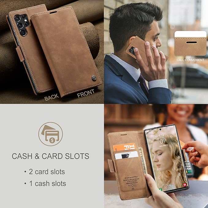 SINIANL for Samsung Galaxy S24 Ultra Case Wallet, Leather Book Folding Flip Cover with Kickstand Card Holders Slots Leather Case for Galaxy S24 Ultra Brown