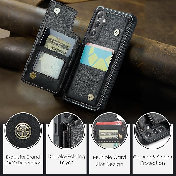 Vinich for Samsung Galaxy S24 Wallet Case with Card Holder, RFID Blocking Credit Slots Kickstand Shockproof Phone Cover for Women Men, Black