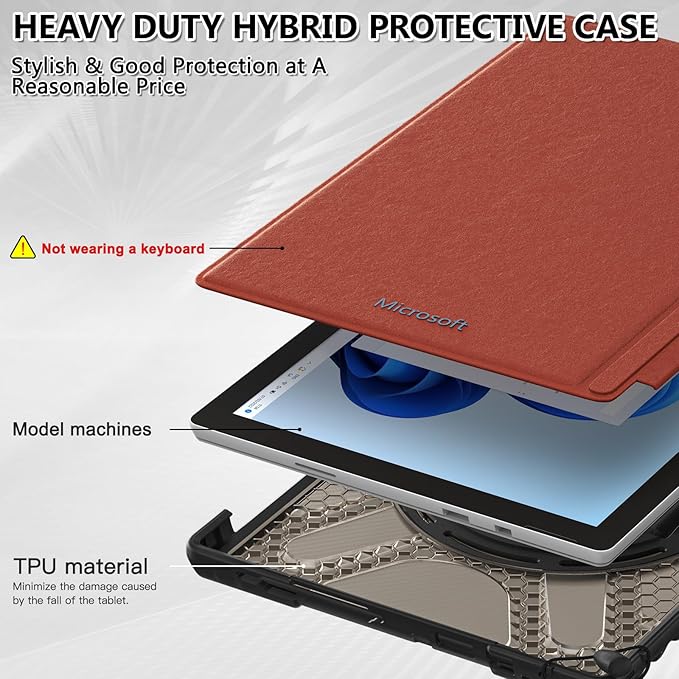 BRAECNstock for Microsoft Surface Pro 7+ Plus/ 7/6/5/4 Case 12.3 inch, Rugged Protective Cover with 360° Rotating Hand Strap & Stand, Pencil Holder, Compatible with Type Cover Keyboard, Tawny