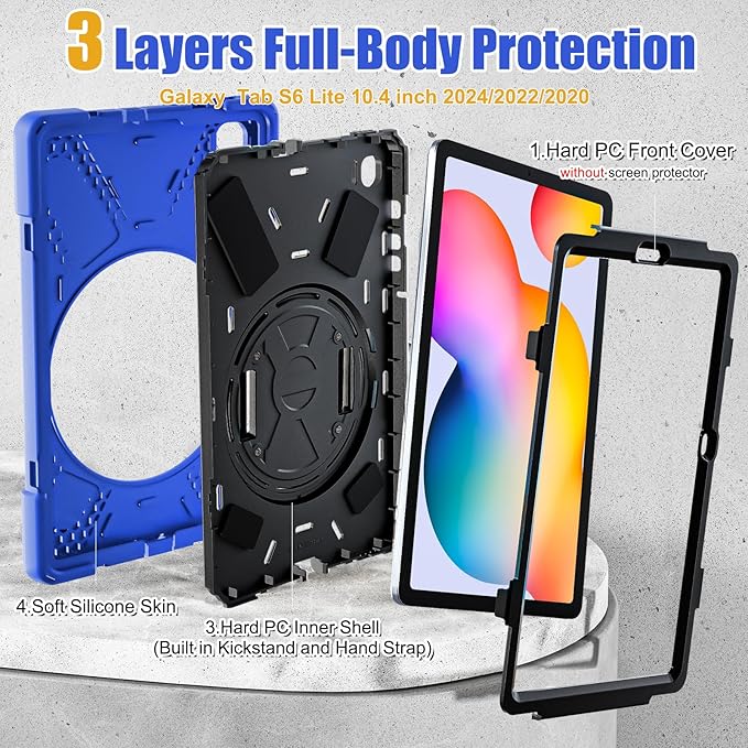 BRAECNstock Case for Samsung Galaxy Tab S6 Lite 10.4 Inch 2024/2022/2020 (SM-P620/P610/P619) Shockproof Protective Cover with Rotating Hand Strap Kickstand Pen Holder Galaxy S6 Lite Kids Case - Blue