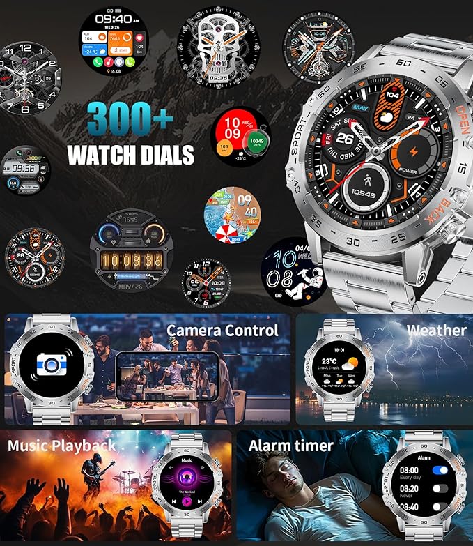 Military Smart Watch for Men(Answer/Dial Calls),1.43'' AMOLED/100 Sports Modes, 5ATM Waterproof Fitness Watch with Heart Rate/SpO2/pedometer for Android and iOS,Round Smartwatch Silver Steel