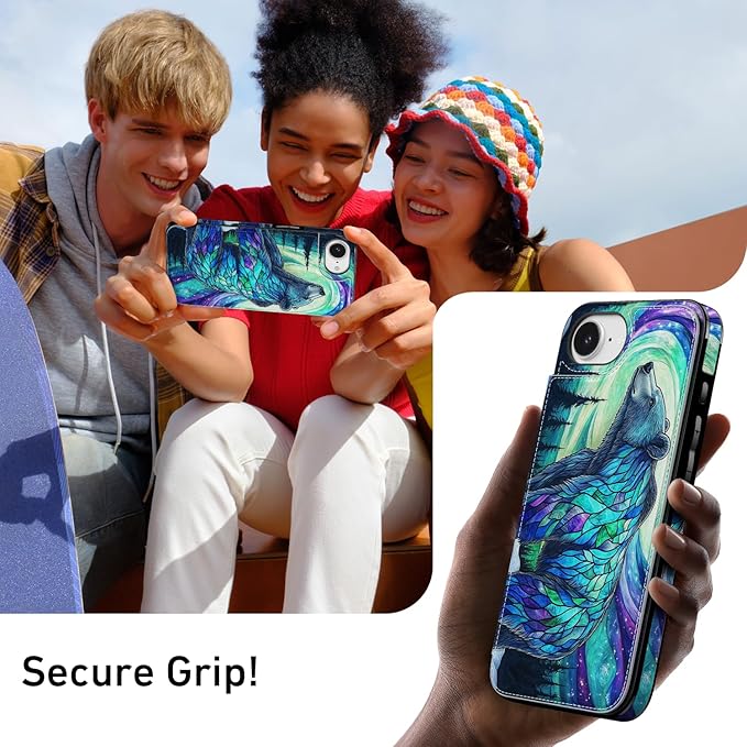 FUNMIKO for iPhone 16e Wallet Case with Card Holder, RFID-Blocking, Military-Grade Protection & UV-Printed Artwork, Magnetic Closure with Leather Kickstand - Prismatic Aurora Bear